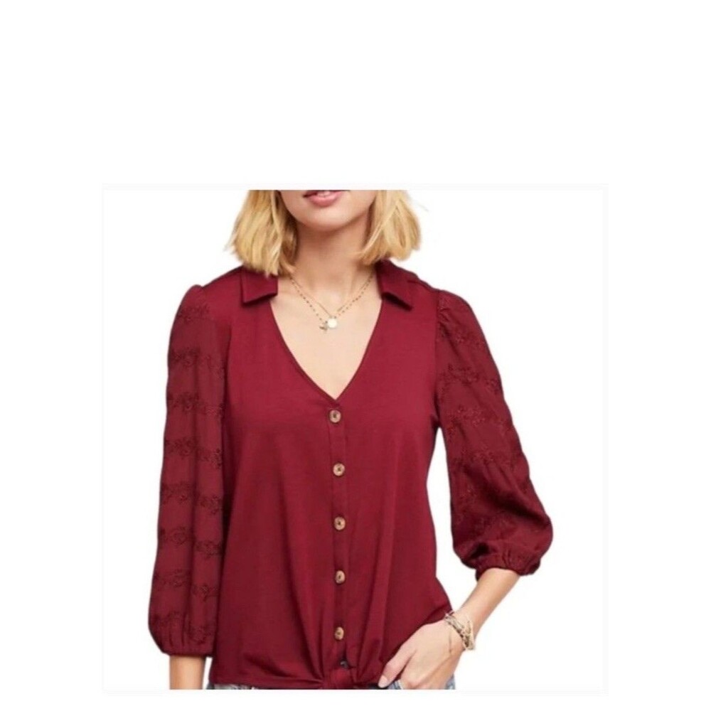 Anthropologie Vanessa Virginia Lenora Tie Front Top Size XL Maroon 3/4 Sleeve